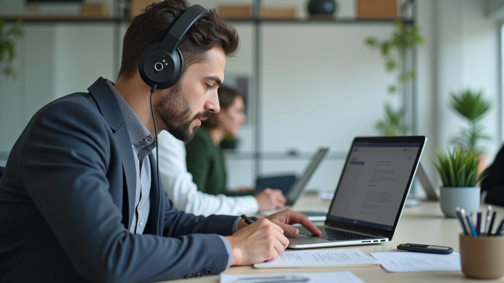Cuffie per headset e computer portatile su scrivania pulita, supporto tecnico remoto, ufficio moderno