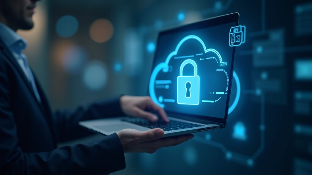 Lucchetto digitale e schermo sicuro, protezione dei dati con icone di sicurezza, ambiente moderno e protetto