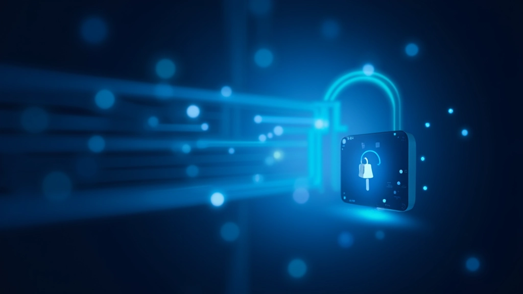 Lucchetto digitale e scudo di sicurezza su sfondo tecnologico blu, crittografia dati, protezione cyber