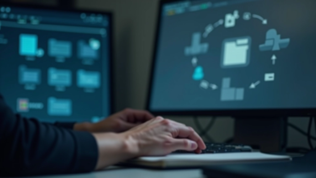 Persona che esamina file e cartelle, mano che seleziona cartelle duplicate, monitor con elenco di file, ambiente di lavoro concentrato