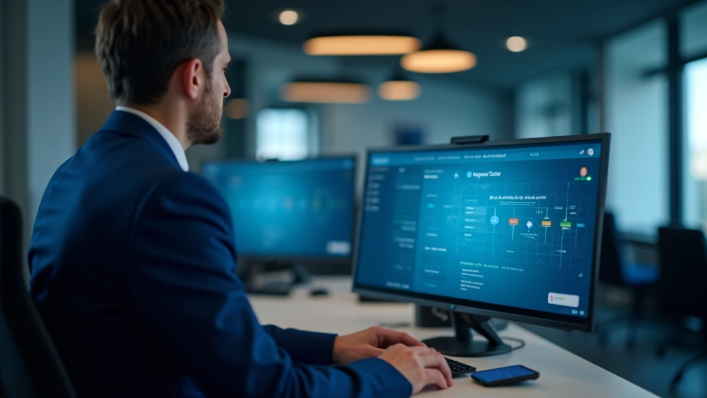 Persona che monitora il trasferimento dati su schermo, dashboard di sistema visibile, ufficio moderno con illuminazione naturale