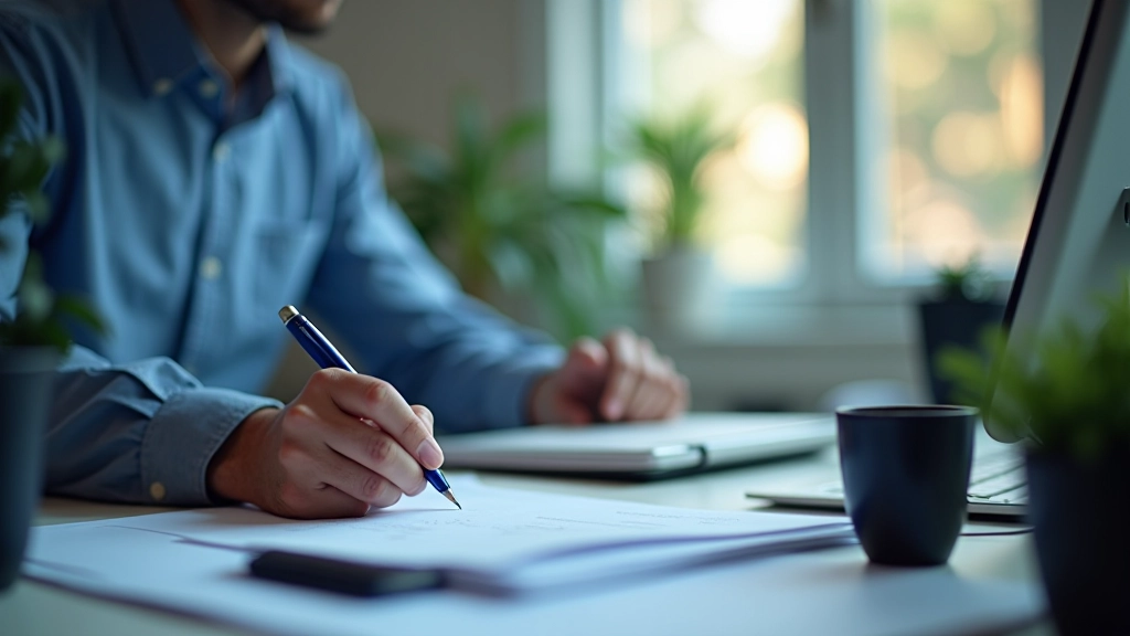 Persona che organizza file e cartelle sul computer, scrivania ordinata con documenti e monitor, ambiente di lavoro moderno e luminoso