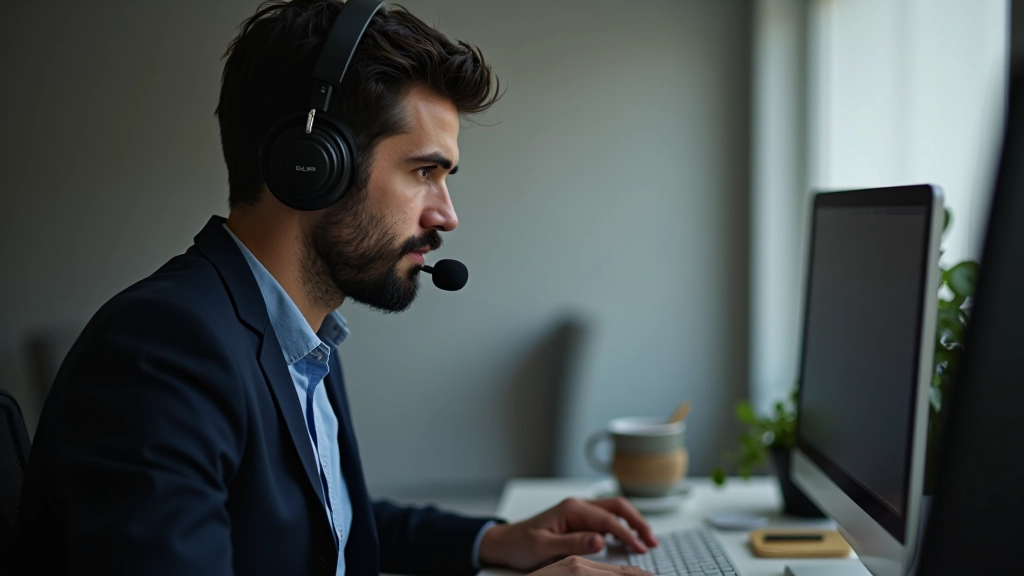 Persona con cuffia e microfono al computer, rappresentando il supporto tecnico remoto