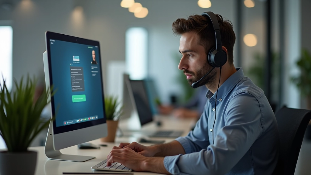 Tecnico al supporto clienti con headset, chat di assistenza remota su schermo, ambiente di help desk moderno e accogliente