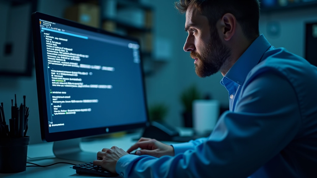 Tecnico che verifica file su computer, schermo mostrando checksum e hash dei file, ambiente di laboratorio tecnico, dettagli chiari