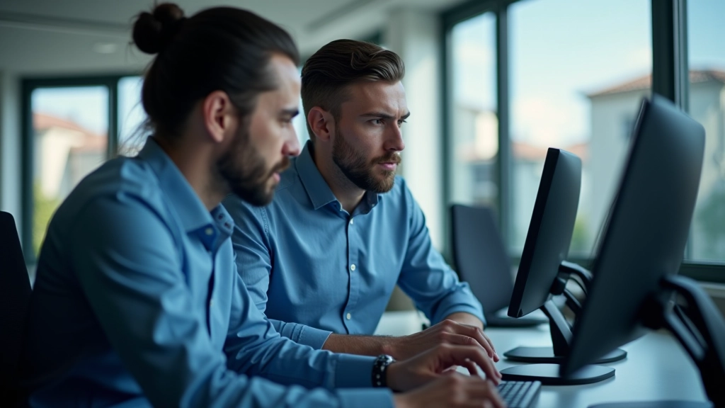 Due professionisti che lavorano insieme davanti a uno schermo per risolvere un problema tecnico